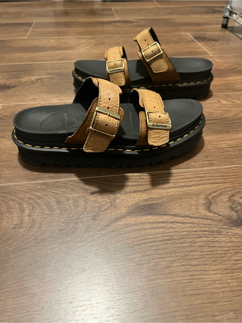 Dr. Martens Tan Double-Buckle Platform Slide Sandals